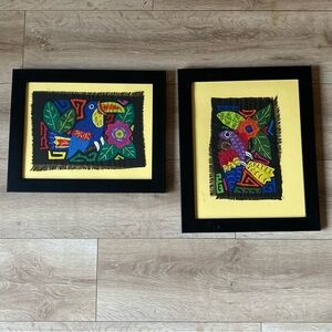 Vintage Mola Molita Kuna Framed Textile Fiber Art South American parrot folk art